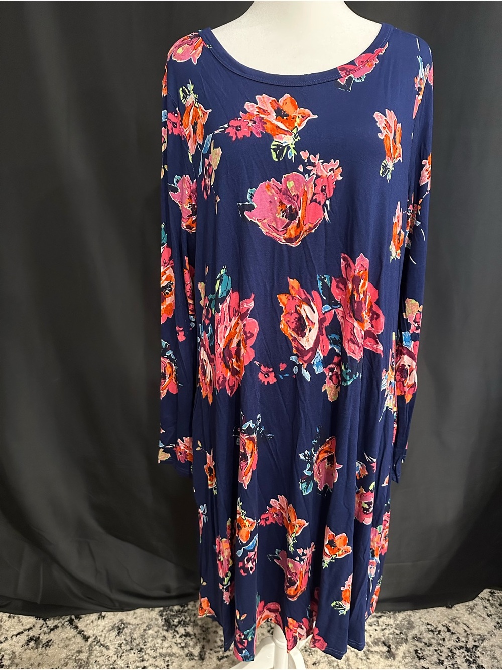 Navy Floral Long-Sleeve Midi Dress